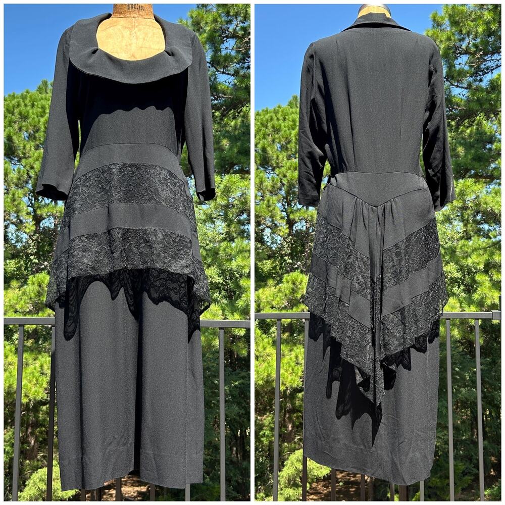 Vintage 30s/40s Rembrandt Dramatic Collar Tiered Lace Peplum Train Midi Dress L